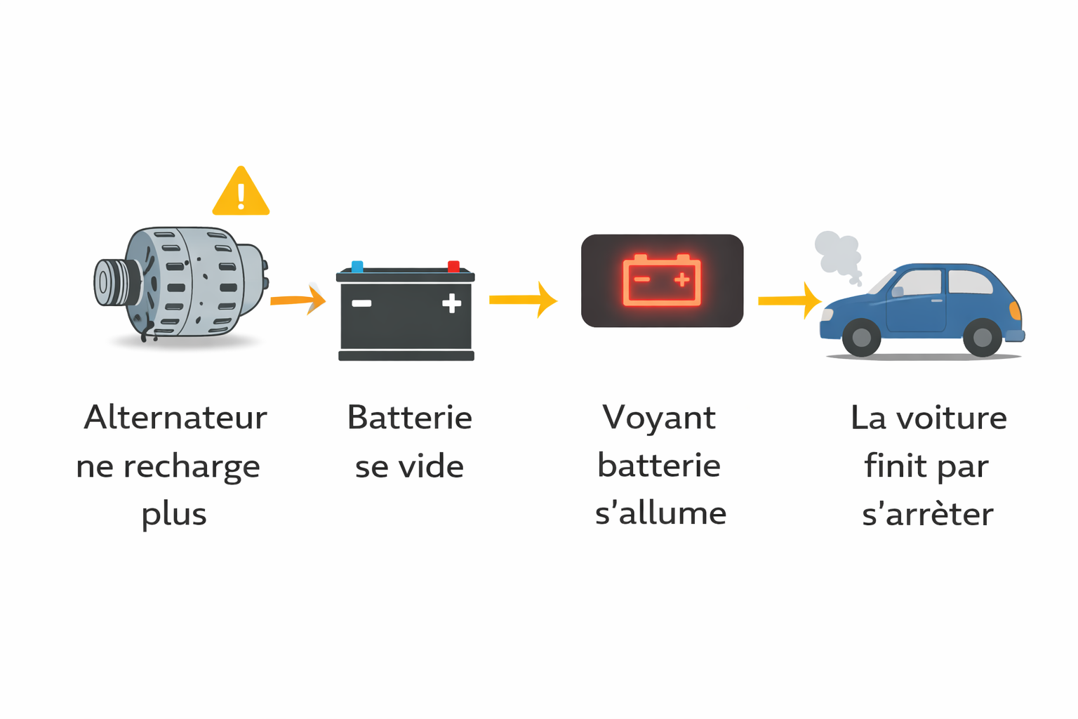 Schéma montrant qu'un alternateur HS vide la batterie puis peut immobiliser la voiture