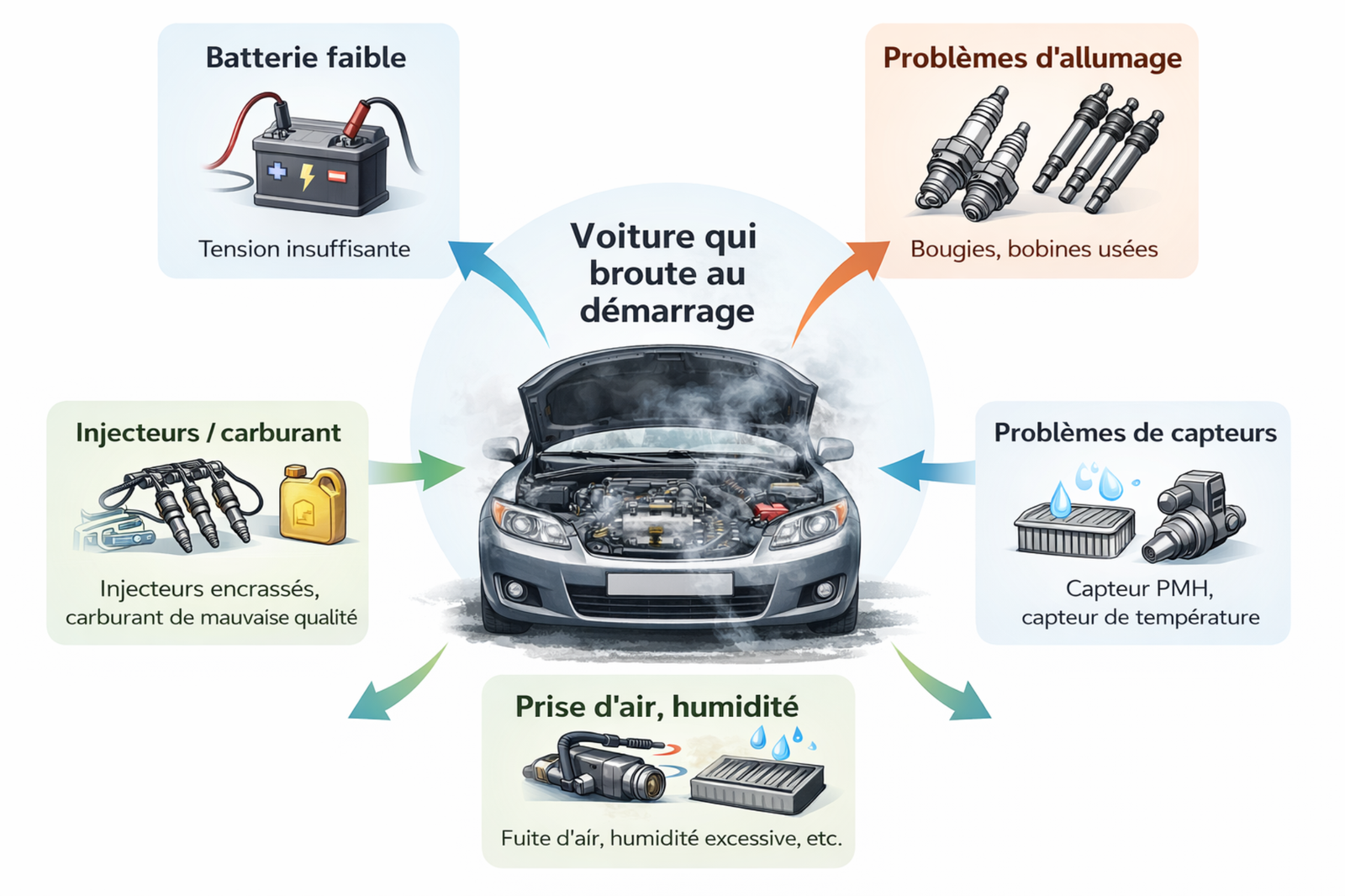 Schéma des causes possibles d'une voiture qui broute au démarrage