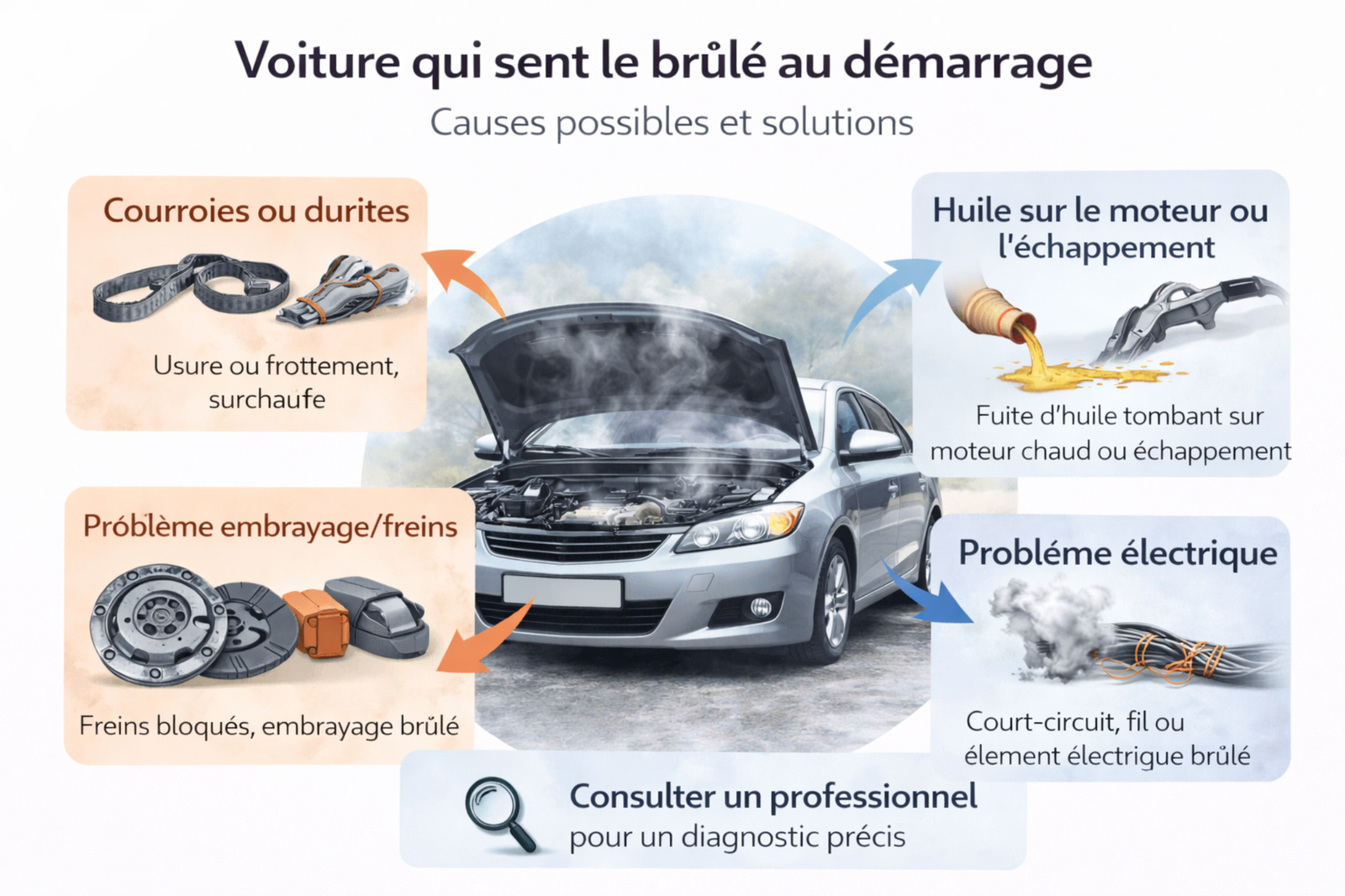 Schéma des causes possibles d'une voiture qui sent le brûlé au démarrage