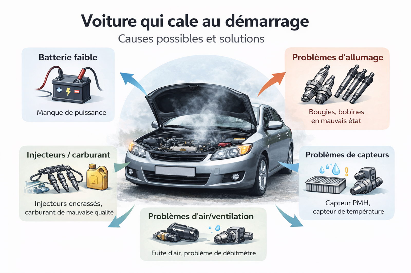 Schéma des causes possibles d'une voiture qui cale au démarrage