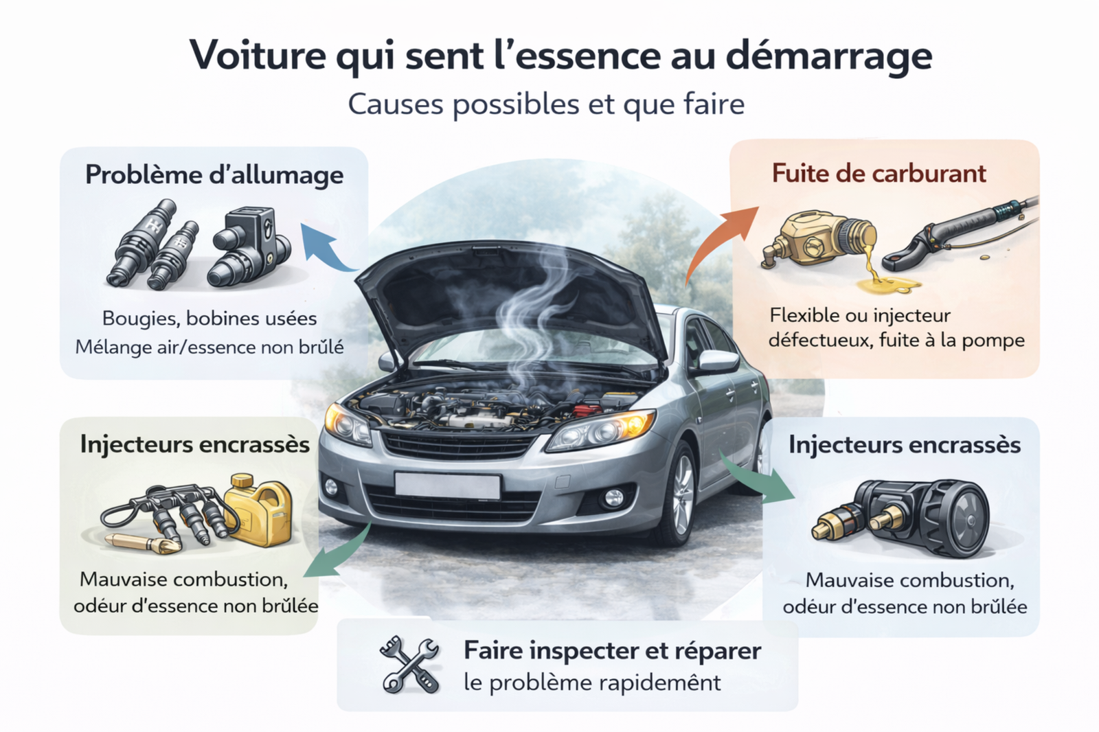 Schéma des causes possibles d'une voiture qui sent l'essence au démarrage