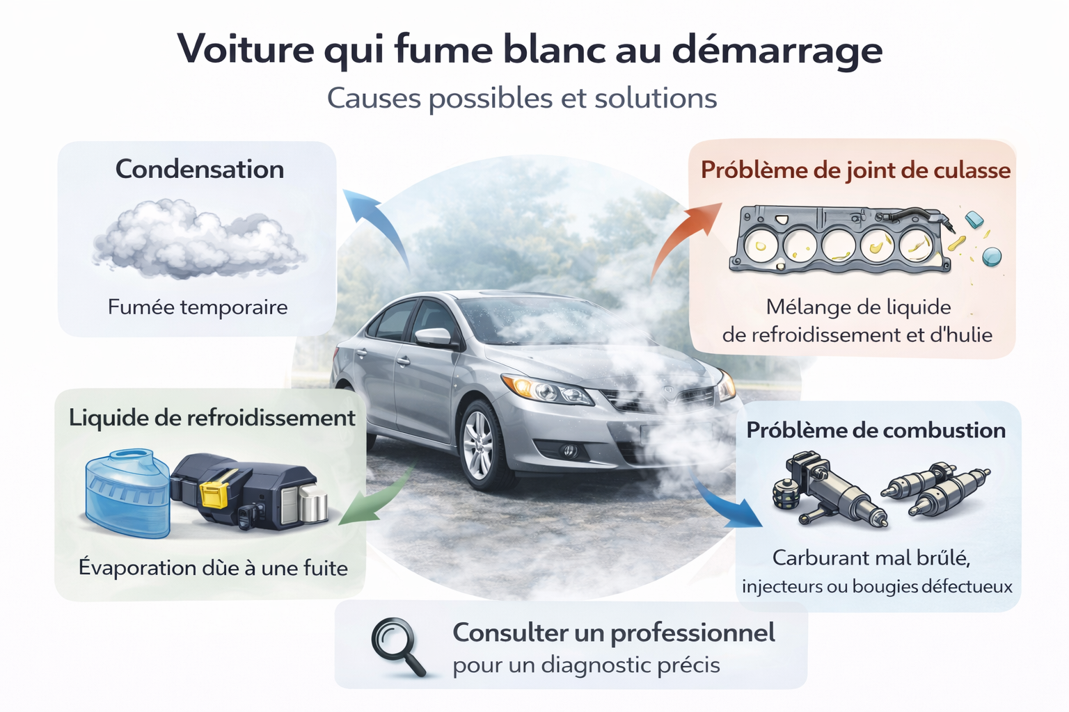 Schéma des causes possibles d'une voiture qui fume blanc au démarrage
